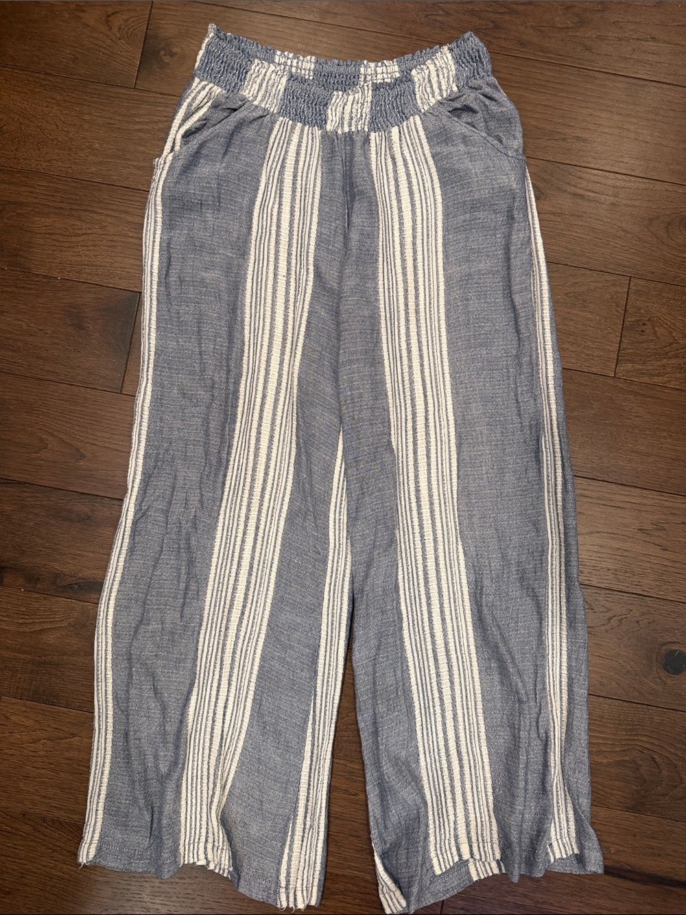 Abbeline Striped Wide-Leg Linen-Blend Pants in Blue & White Large - C47-013
